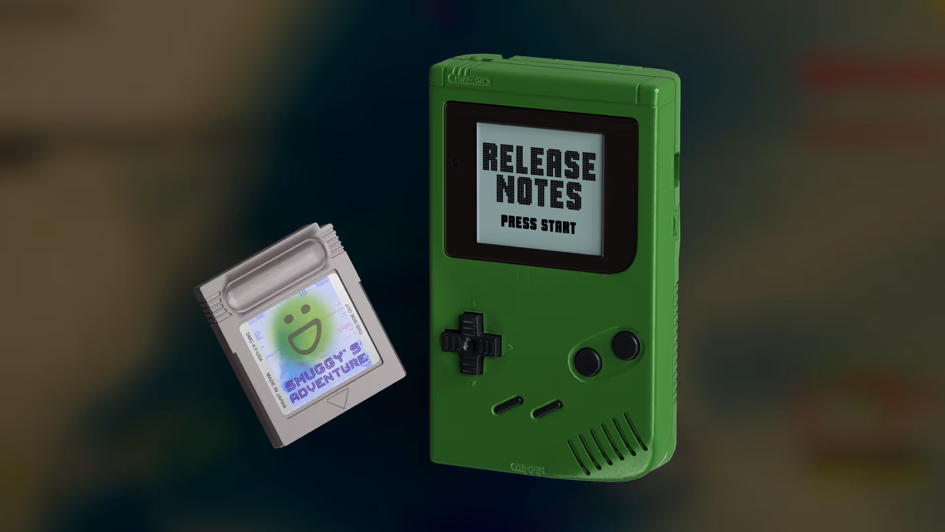 A green handheld game unit with a game cartridge on the side. 